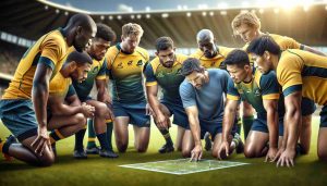 Realistic high-definition image of a group of Wallabies (rugby team members), under a new leader, prepping to carve out a fresh path. These athletes, diverse in their descent including but not limited to African, Asian, Caucasian, and Hispanic players, are strategizing over a game plan on a typical rugby field bathed in the afternoon sun.