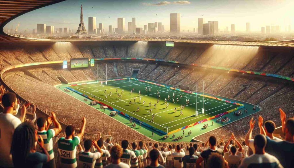 An ultra-high-definition image capturing the potential future scene of the Rugby Sevens event at the 2024 Olympic Games. The stadium is situated in Paris, bathed in golden sunlight. The pitch is buzzing with activity as athletes from various descents: Caucasian, Hispanic, Black, Middle-Eastern, South Asian are vigorously competing. Among the players, both males and females display their impressive athleticism, demonstrating the inclusivity of the sport. Cheering crowds can be seen in the stands, waving flags of their nations, elevating the atmosphere with their enthusiasm. Landmark structures of the beautiful city can be seen in the background.