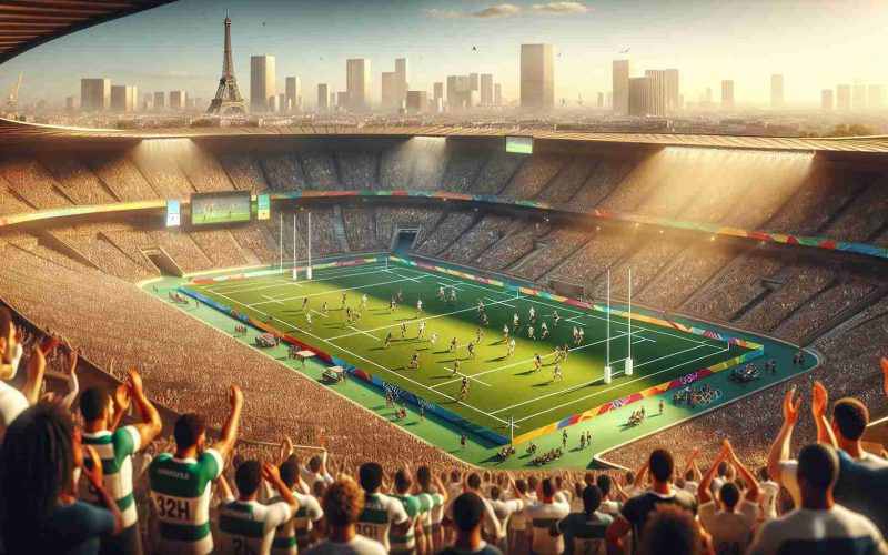 An ultra-high-definition image capturing the potential future scene of the Rugby Sevens event at the 2024 Olympic Games. The stadium is situated in Paris, bathed in golden sunlight. The pitch is buzzing with activity as athletes from various descents: Caucasian, Hispanic, Black, Middle-Eastern, South Asian are vigorously competing. Among the players, both males and females display their impressive athleticism, demonstrating the inclusivity of the sport. Cheering crowds can be seen in the stands, waving flags of their nations, elevating the atmosphere with their enthusiasm. Landmark structures of the beautiful city can be seen in the background.