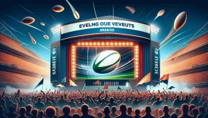Generate a high-definition image of an exciting scene portraying the unveiling of rugby fixtures for the 2024/25 season. Include a large banner showcasing the year '2024/25', a rugby ball, and an excited crowd eagerly waiting for the reveal.