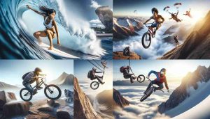 Create a realistic, high-definition image showcasing the thrilling and adventurous world of extreme sports. The scene should envelop a range of activities such as an Asian woman skillfully surfing a giant wave, a Caucasian man defying gravity with a BMX bike, a Black woman performing a high-altitude skydive, and a Middle Eastern man making a daring mountain climb. The actions should not only reflect the extreme nature of the sports but the skill, precision and passion of those who pursue these adrenaline-filled activities.