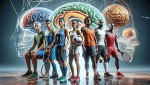 A high-definition, realistic image depicting a diverse group of athletes of various sports such as a Hispanic female soccer player, an Asian male basketball player, a Black female tennis player, and a Caucasian male swimmer. They are portrayed in an environment referencing the brain, suggesting the concept of neurodegenerative diseases. The setting could be an illustrative one, showcasing intricate brain structures subtly incorporated into the background or elements in the scene.