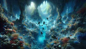 A high-definition, realistic image depicting the exploration of underwater caves. The scene displays brilliant hues of blue and green as light penetrates the water surface, casting an ethereal glow on the rocky textures of the caves. A group of divers of mixed genders and various descents, equipped with diving gears, navigate the labyrinthine underground architecture, flowing with the natural currents. The backdrop should feature an array of aquatic life, including vividly coloured fish and coral that decorate the scene. The underwater terrain is filled with stalactites and stalagmites, creating a unique seascape.