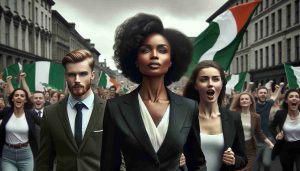 An ultra-high-definition, realistic photograph showcasing an assorted team of individuals leading a significant movement in Ireland. The scene includes a confident, commanding female figure of African descent, in formal attire, symbolizing the leadership. Beside her, there's a charismatic male figure of Irish descent and a poised female figure of Middle Eastern descent, both actively participating in the movement. The atmosphere is energized, displaying the unity and determination of diverse personalities pushing forward a significant cause.