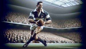 High-definition, realistic image of a rugby legend dressed in a traditional rugby uniform. The player is in a dynamic action pose, similar to one that an influential and skillful player like Norm Hewitt might assume during a game. His physique is well-muscled, attesting to his strength and conditioning. His face is set in a determined expression, signifying his focus and dedication towards the sport. A densely crowded stadium with cheering sports fans forms the backdrop, adding atmosphere and tension to the scene.