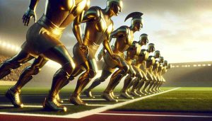 Create a high-definition, realistic image that symbolizes 'New Beginnings'. Depict a team of athletes in golden armor, poised and ready at the start of a sports match. The golden armor should suggest strength, unity, and precision, the essence of warriors. Make sure the sports field, be it a stadium or a court, also captures the anticipation of a new journey. Use the early morning sunlight to illuminate the scene and convey a hint of a sunrise, traditionally associated with new beginnings.