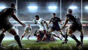An ultra high-definition realistic illustration of an essential rugby match between England's enthusiastic prospects and the All Blacks. The scene captures the high tension, showing players from both teams demonstrating excellent sportsmanship. The rugby ball is contested for fiercely in the middle, the English team's youthful energy confronts the formidable All Blacks. The roaring crowd can be seen in the background, full of anticipation and excitement.