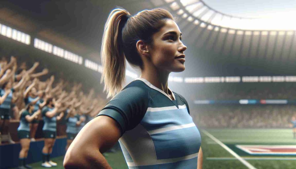 Generate a realistic high-definition photo of a female rugby player exhibiting exceptional skills both on and off the field. She is strong and athletic, with brown hair pulled back tightly in a high ponytail, acknowledging the cheers of an awe-struck crowd standing in a stadium. She is also in conversation with her teammates, demonstrating leadership and strategic thinking.