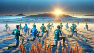 High-definition and realistic rendering of a bright new dawn as symbolic metaphor for the hopefulness of the Irish Rugby Team. They are eagerly anticipating their imminent attempt at making history in South Africa. The scene playfully personifies this anticipation with the sun's golden rays gently piercing the chilly, azure morning sky. The foreground should feature the rugby team, made up of diverse individuals of different descents, warming up - intensity mirrored in their eyes. The backdrop should be the iconic South African landscape, bathed in soft morning light, adding to the potent excitement of the moment.