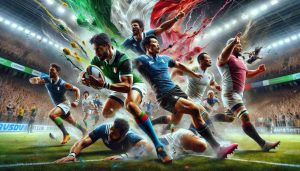 Capture a realistic high-definition scene of a high-speed rugby showdown. Display a team, with Italian jerseys, demonstrating their dominance over a team kitted in Japanese jerseys. Showcase kinetic energy with dynamic poses, the Italian players in the act of scoring and the Japanese players attempting to defend. Paint the background with a blend of cheering fans adorned in respective team colors, adding to the ambiance of a riveting international sporting event.