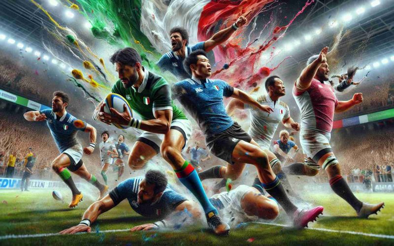 Capture a realistic high-definition scene of a high-speed rugby showdown. Display a team, with Italian jerseys, demonstrating their dominance over a team kitted in Japanese jerseys. Showcase kinetic energy with dynamic poses, the Italian players in the act of scoring and the Japanese players attempting to defend. Paint the background with a blend of cheering fans adorned in respective team colors, adding to the ambiance of a riveting international sporting event.