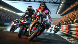 A highly realistic, high-definition image depicting the thrilling world of motorcycle racing. The scene should capture two motorcycle racers hurtling down a professional racing track. One racer is a confident Hispanic woman wearing professional biking gear with vibrant colors. The other racer is a focused Black man wearing sleek, streamlined biking attire. They are both atop state-of-the-art motorcycles, their bodies poised perfectly as they maneuver the high-speed twists and turns of the track. The backdrop is filled with cheering spectators from all walks of life and the air vibrates with the adrenaline-fueled energy of the race.
