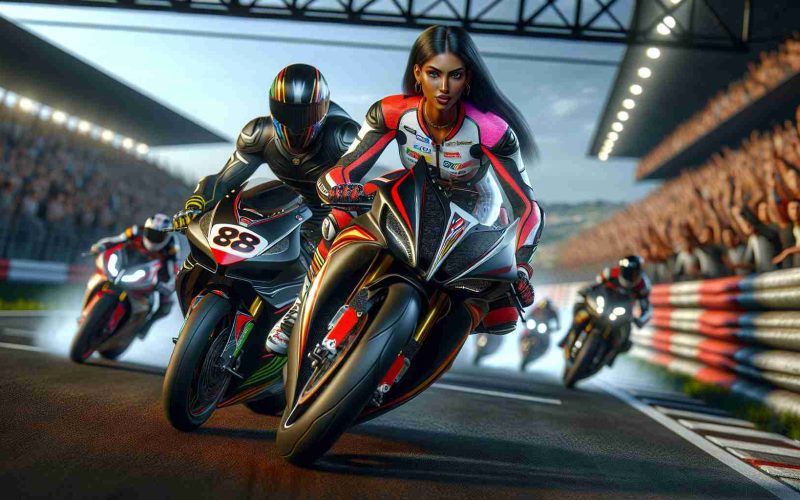 A highly realistic, high-definition image depicting the thrilling world of motorcycle racing. The scene should capture two motorcycle racers hurtling down a professional racing track. One racer is a confident Hispanic woman wearing professional biking gear with vibrant colors. The other racer is a focused Black man wearing sleek, streamlined biking attire. They are both atop state-of-the-art motorcycles, their bodies poised perfectly as they maneuver the high-speed twists and turns of the track. The backdrop is filled with cheering spectators from all walks of life and the air vibrates with the adrenaline-fueled energy of the race.