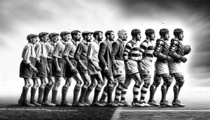 A high-definition photo illustration showcasing the evolution of safety measures in the sport of rugby. The image starts with a black and white depiction of an old-fashioned rugby game on the left, featuring players in shorts and jerseys, without any protective gear. The middle section transitions to a more modern setting, with players wearing light padding and mouth guards. The right side of the image concludes with a glimpse into the future of rugby safety, envisioning revolutionary protective equipment, such as advanced helmets or shoulder pads, and a focus on player safety. There's careful attention to details and realism in every section.