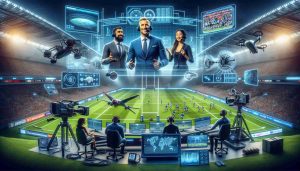A high definition, realistic image portraying the future of international rugby broadcasting. The spectacle includes a virtual reality setup, various technological gadgets, cutting edge cameras and drones to capture unique angles of the game. The layout also represents a multilingual commentary team comprising of a Hispanic male, a Middle-Eastern female and a Caucasian male, their faces glowing with excitement. An ultra-modern broadcasting studio with wide screens displaying live feeds, global fans engagement, and advanced analytics of the on-going game can be seen in the backdrop, symbolizing the future.