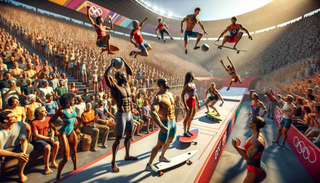 Create a hyper-realistic, high-definition scene embodying the spirit of Unconventional Olympics 2024 Coverage in full swing. Depict the vibrant atmosphere with enthusiastic spectators of various descents, genders, and ages. Show adrenaline-pumping, unconventional sports activities featuring remarkable athletes each one unique in their appearance: a Caucasian, muscle-bound male rock climber; a black female surfer with innate elegance; Middle-Eastern male hammer thrower exhibiting sheer strength; a petite, agile South Asian female involved in skateboarding. Capture the buzz, camaraderie, and cheering crowd in detailed glory. Remember to portray a sense of excitement and suspense that typically surrounds such grand sports events.