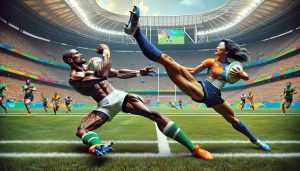 A highly detailed and realistic image of an Olympic Rugby Sevens Quarter-Finals match unfolding. The field is lush with emerald green grass, contrasting vividly with the white line markings. In the midst of the game, a glory-seeking rugby player, exhibiting impressive agility and strength, initiates a breathtaking twist to escape the grasp of an opponent. Both players are dressed in their respective team colors, knee-high socks, and cleats. One player is a muscular Hispanic man, and the evading player performing the twist is a South Asian woman showing great athleticism. The crowd in background is ablaze with excitement.