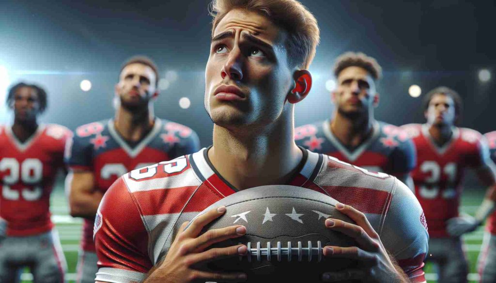 A high-definition, realistic image of a young, athletic, Caucasian male rugby player exhibiting curiosity and concern over his future with his American football team based in Kansas City.