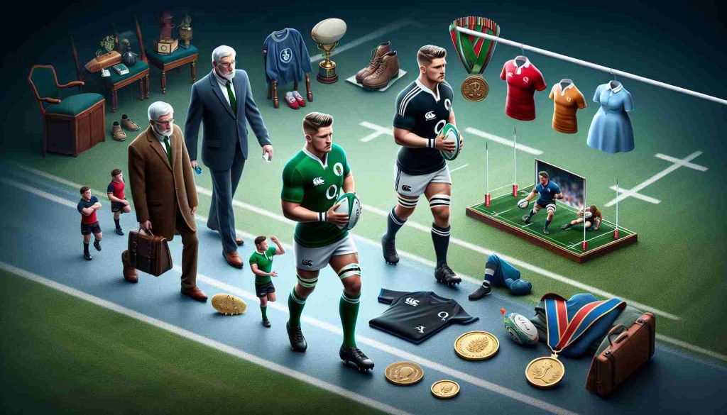 Realistic high-definition image featuring the journey to rugby success of a fictitious character named Sammy Sullivan. Include elements that symbolize his progression, such as a rugby ball, a rugby field and jerseys, medals, or other accolades.