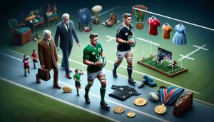 Realistic high-definition image featuring the journey to rugby success of a fictitious character named Sammy Sullivan. Include elements that symbolize his progression, such as a rugby ball, a rugby field and jerseys, medals, or other accolades.