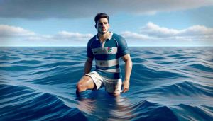 Realistic high-definition image of a Hispanic teenage male rugby player stranded in the middle of an endless ocean, appearing lost. He is wearing rugby gear — a jersey, shorts, socks and cleats. His face shows a mix of determination and worry. He is physically fit with a strong, muscular build. The sea is deep blue with undulating waves, reflecting the bright sunlight. There is no land or other persons in sight.