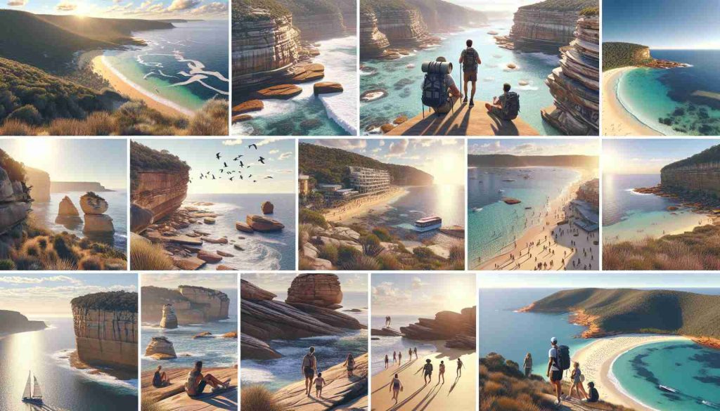 A high-definition, realistic imagery of exploring hidden attractions along Sydney's coastal trail. Show various points of interest tucked away from popular tourist spots, such as unique rock formations, untouched beaches, and secluded coves. Depict a warm day, with a clear sky and the sun shining. Also, include people of different descents such as Middle-Eastern, Hispanic and Caucasian, both male and female, trekking the trail, taking photographs, and soaking up the beauty of nature in their holiday attire.