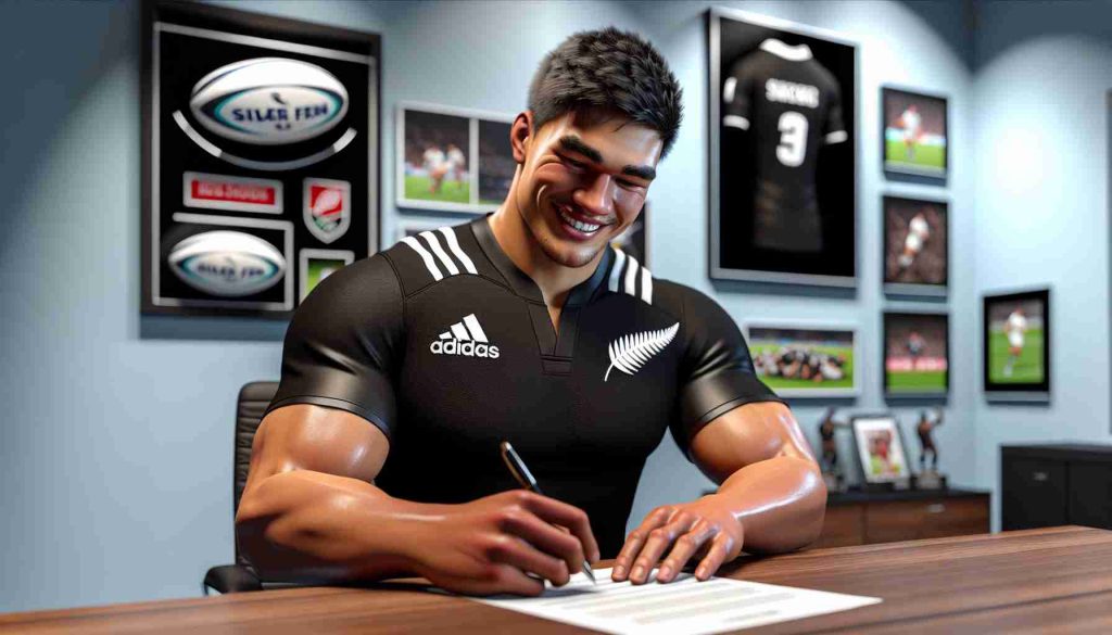 High-definition, realistic image of a young rugby player, clad in a black uniform with silver fern insignia, joyfully extending his contract with a top-tier rugby team. The scene takes place in a well-lit office with sports memorabilia decorating the surrounding area. The player is of Maori descent with muscular physique, and he's holding a pen, ready to sign the papers, indicating his attachment to his team.