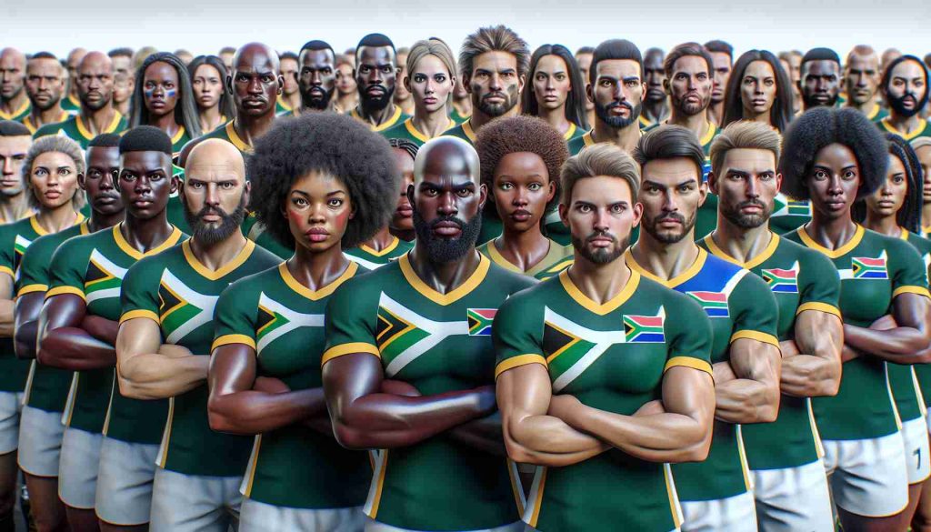 A high-definition, realistic image of a highly skilled, diverse squad from South Africa, of various profiles, including people of Black, Caucasian, and Indian descent, both men and women, who are ready to compete against an equivalent squad from Australia in a non-specific sporting event. The squad members demonstrate excitement, determination, and sportsmanship, dressed in team uniforms, as they stand in a line in a familiar South African setting, perhaps a stadium or sports training field.