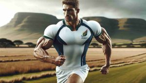 Realistic HD photo of a strong, athletic man resembling a professional rugby player, in the act of returning to a landscape indicative of South Africa