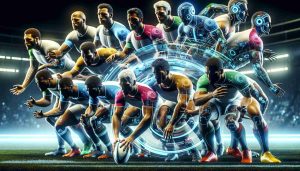 Generate a detailed high-definition image showcasing the futuristic perspective of rugby with focus on the implementation of advanced scrum techniques. Visualise a modernised field filled with players of different descents such as Caucasian, Black, Hispanic, and South Asian. Among these players, both genders should be represented equally, escalating the intensity of the game. The rugby ball in the center should be surrounded by men and women displaying exceptional coordination and cooperation, forming a tight scrum. Include digitized game plans, holographic play diagrams, and advanced kinetic suits for players.