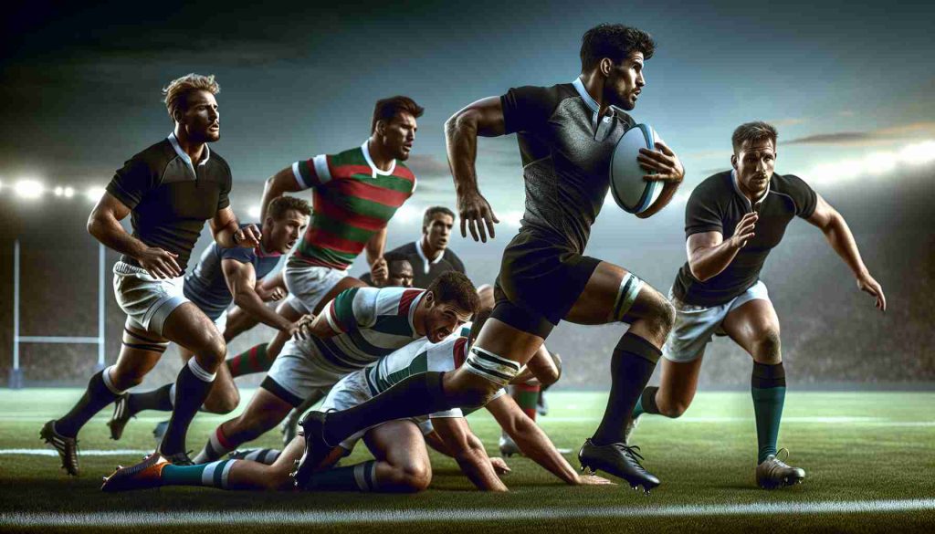 Generate a high-definition, realistic image that depicts the effect of game speed on rugby forward players. The scene should show various forward players in action, both running and tackling. Also include visible signs of fatigue in some players, highlighting the increased intensity of the game. The players should be from diverse backgrounds, including a Black player running with the ball, a Caucasoid placed in a tackling position, and a Hispanic player supporting their teammate. The image should emphasize the high physical demand of the game on these rugby athletes.