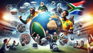 Create a high-definition image capturing the global impact of South African rugby. Show symbols of the sport like the rugby ball, team jerseys, and the playing field. Include varying scenes across the globe, hinting at the sport's widespread influence. Feature diverse fans of different descents such as Hispanic, Black, Middle-Eastern, Caucasian, and South Asian, all equally passionate about the game.