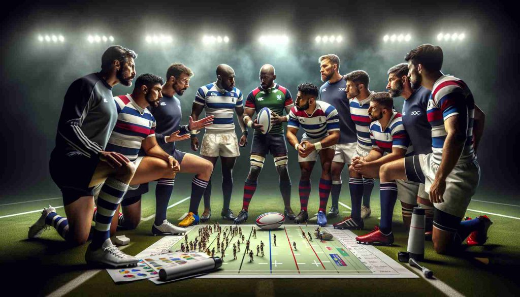 Generate a high-definition, realistic image depicting a dramatic scene of change in the line-ups for an upcoming Rugby Championship. Show multiple rugby players of varying descents such as Caucasian, Hispanic, Black, Middle-Eastern, and South Asian, equipped with their rugby gear and in the midst of a strategy talk. Please also include coaches of different genders nearby with play charts and strategies. The atmosphere should capture the excitement and anticipation of the imminent confrontation.