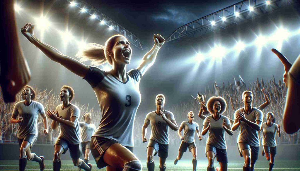 An HD realistic depiction of a key moment from a sports match, where a female player has just broken a record, leading her team to a victory. The triumphant athlete, Sarah, is portrayed in the center of the frame, displaying an intense expression of elation and relief. Her teammates are surrounding her, cheering and celebrating their collective victory while spectators in the stadium are on their feet applauding. The atmosphere is filled with excitement and the glow arising from the stadium lights is reflecting on the players.