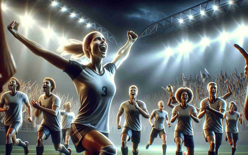 An HD realistic depiction of a key moment from a sports match, where a female player has just broken a record, leading her team to a victory. The triumphant athlete, Sarah, is portrayed in the center of the frame, displaying an intense expression of elation and relief. Her teammates are surrounding her, cheering and celebrating their collective victory while spectators in the stadium are on their feet applauding. The atmosphere is filled with excitement and the glow arising from the stadium lights is reflecting on the players.