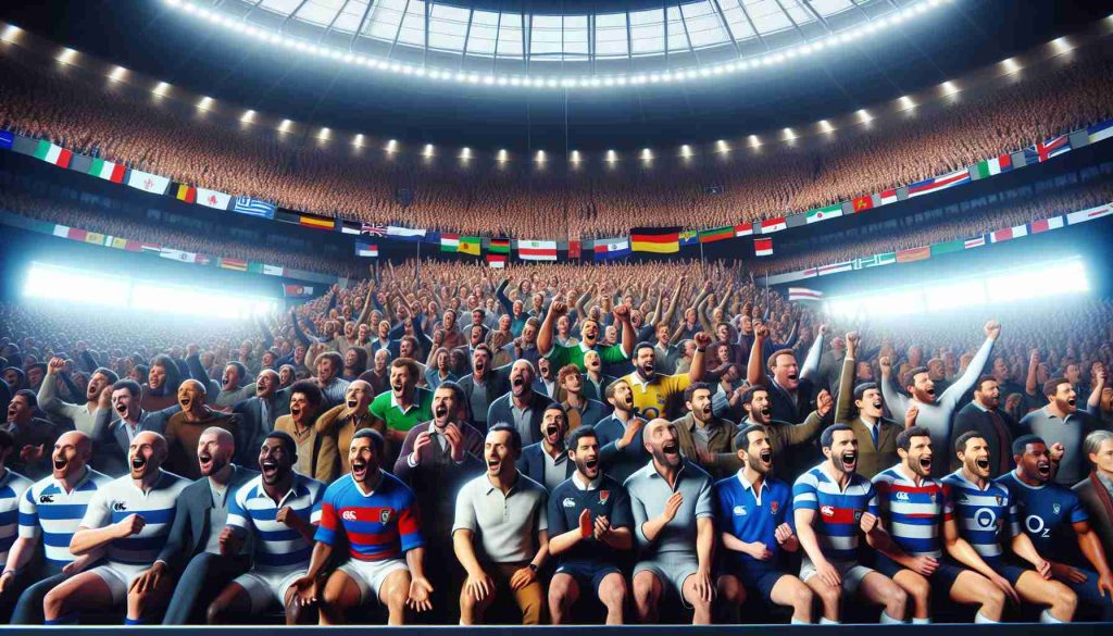 A realistic, high-definition image depicting excited rugby fans who are eagerly anticipating the unveiling of the new season's competition. The setting is a packed stadium with fans representing a range of descents, including Caucasian, Black, Hispanic, Middle-Eastern, South Asian. You can see different genders all equally fascinated by the event. The grandeur of the stadium, the electric atmosphere, and the mix of apprehension and exultation on the faces of the fans convey the impending unveiling.