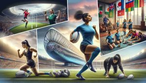 A high-definition, realistic image capturing the anticipation building for the Women's Rugby World Cup of 2026. The scene portrays multiple scenes of diverse excitement: a Middle-Eastern woman rushing to get her jersey on, a South Asian woman practicing her kicks, a Black woman doing push ups with a focus. Incorporate elements that express the spirit of rugby; a vibrant stadium filled with cheering multicultural fans, rugby balls and kits, and lustrous, well-manicured field.