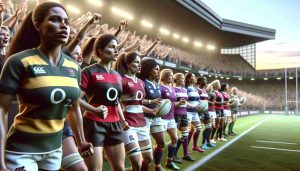 Realistic, high-resolution image of the commencement of the women’s rugby season in the Premiership. Capture the energy, excitement, and anticipation of the matches, with female players from various ethnic backgrounds like Caucasian, Hispanic, Black, Middle-Eastern, South Asian, and White, equipped in their rugby gear on the field, ready for the challenge. Include spectators in the stands stirring with anticipation and cheering, with the lush green playing field under their feet, the stadium lights overhead, and a clear sky in the backdrop.