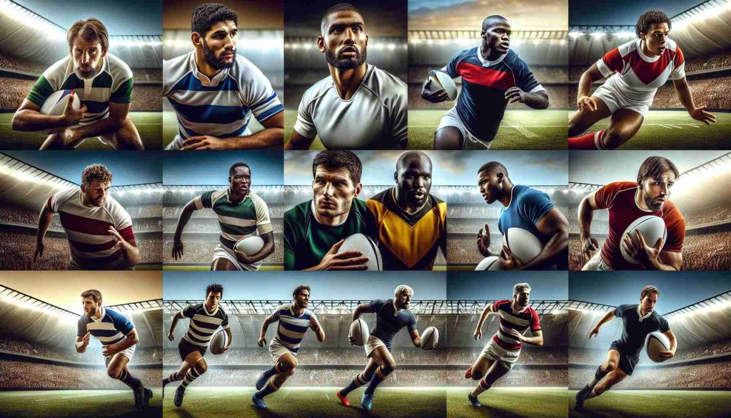 High-definition image realistically portraying rugby players in their prime, considered as 'royalty' in the sport. Include diverse depiction of players from various descents like Caucasian, South Asian, Middle Eastern, Black and Hispanic, showcasing their intense focus, strength, and teamwork on a vibrant stadium where everyone is watching with great anticipation.