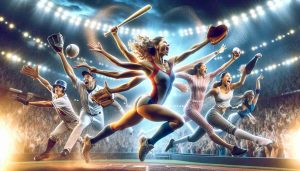 Generate a High Definition, realistic image featuring a unique multi-sport athlete at their spectacular debut. The athlete should be female, of South Asian descent, showing excitement and determination. She is in the midst of action, displaying skills from different sports including baseball, gymnastics, and swimming. The crowd is in the background, cheering wildly, with a breathtaking display of lights illuminating the sky.