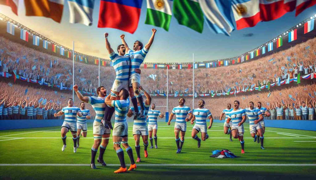 Create a high-definition, realistic representation of a historic rugby game. The scene should depict a jubilant Argentinian rugby team, clad in their blue and white striped jerseys, celebrating a decisive victory that shakes up the rankings. Include monumental cheering crowds in the background with vibrant, multicolored fan banners, and a verdant, well-maintained rugby field under the players. In the foreground, players should be rejoicing, some lifting their teammates in the air with the clear sky overhead.