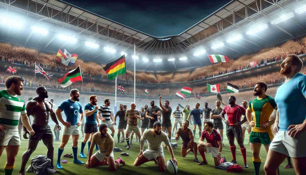 High-definition image depicting the escalating anticipation for a significant rugby championship match. The scene is filled with spectators from diverse descents, including Caucasian, Hispanic, Black, Middle-Eastern, South Asian, and White. Men and women of varying ages and body types are seen cheering, waving flags of their favourite teams, and engaging in friendly rivalries. The stadium is massive, symbolising the importance of the match, with bright stadium lights illuminating the night sky. In the foreground, athletes from different races and genders warm up, their faces showing a mix of determination and tension.