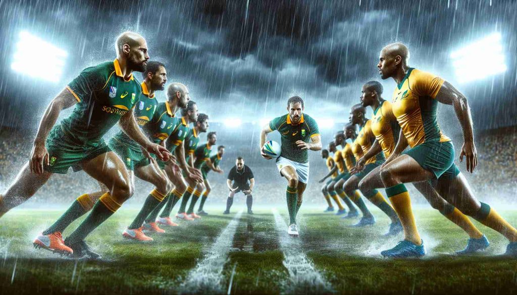 Create a high-definition, realistic image showcasing an intense, rain-drenched sports showdown. The teams should be represented by colors, with one side decked out in green and gold, symbolizing South Africa, and the other in gold and green, possibly representing Australia. No direct representations of country flags or nationals. Display the tension and excitement in the air as one team, identifiable by a predominance of green in their uniforms, dominates the field.