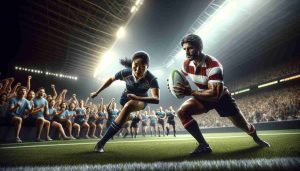 A high-definition, realistic photo capturing an intense moment in a rugby showdown. The scene highlights a South Asian female player on one team and a Hispanic male player on the other, both standing out with their exceptional skill and emerging talent on the field. The crowd in the background is cheering fervently, creating an exhilarating atmosphere.