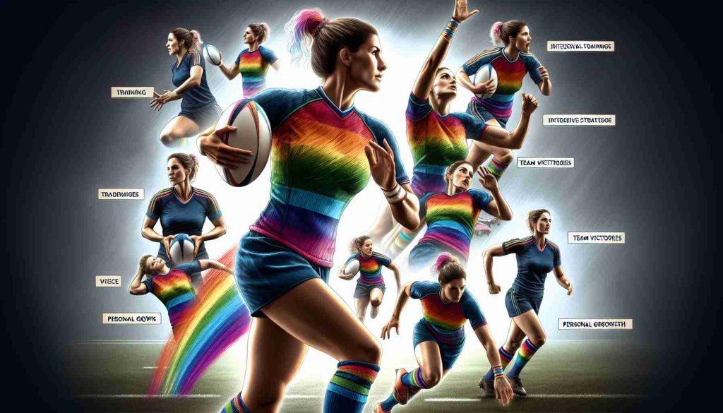 Detailed high-definition image showcasing the inspirational journey of a female rugby player with a strong and athletic physique, emphasizing significant moments such as intensive trainings, team strategies in rainbow-colored uniforms, match victories, and personal growth. The journey portrays a sense of determination, strength, and resilience typical in the world of sports.