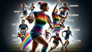 Detailed high-definition image showcasing the inspirational journey of a female rugby player with a strong and athletic physique, emphasizing significant moments such as intensive trainings, team strategies in rainbow-colored uniforms, match victories, and personal growth. The journey portrays a sense of determination, strength, and resilience typical in the world of sports.