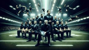 High definition, realistic image showcasing a revitalized rugby team's coaching panel leading their side to success in the year 2023. The team is dressed in all-black attire, indicating their uniform. The scene could portray a blend of both on-field training moments, displaying their dynamic interactions and strategical discourse, and off-field planning, detailing their rigorous strategic approach for victory. Representing diversity, the coaching staff includes both men and women of various descents, such as Caucasian, Black, and South Asian.