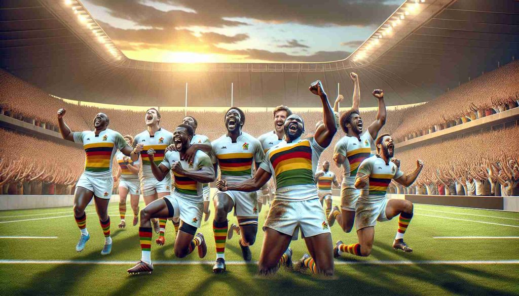 Create a hyper-realistic, high-definition image that conveys the moment of triumph for a Zimbabwean rugby team, illustrating a historic return to grandeur. Depict a diverse squad of players from varying descents such as Black, White, Middle-Eastern, and South Asian, all equally exulting in joyful celebration on a rugby field. The crowd in the background should be in a state of euphoria, cheering wildly. Please infuse the image with the golden hues of a setting sun, signaling not just the end of the match, but the dawn of a new era of success for the team.