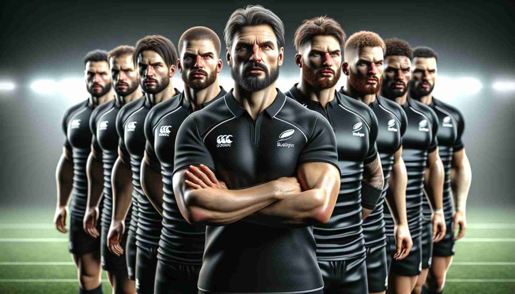 Realistic HD image of a new coaching period for a professional rugby team wearing all black uniforms.