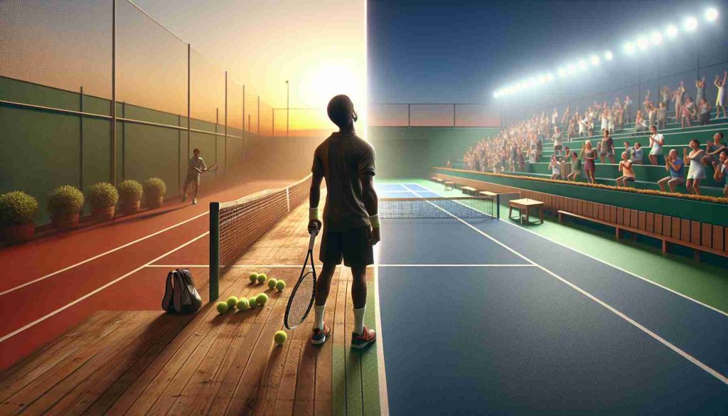 A high-definition, realistic image representing the journey of a tennis player from local level courts to the pinnacle of international fame and glory. The first scene features the player, a young Black male, practicing on a simple, local level tennis court with worn nets. The second scene portrays the same player as an adult, showcasing his skills on an advanced, internationally recognized tennis court with sleek lines and a cheering crowd. The lighting in the overall image shifts from the soft, warm hues of sunrise at the local court to the bright, electrifying lights of the international court.